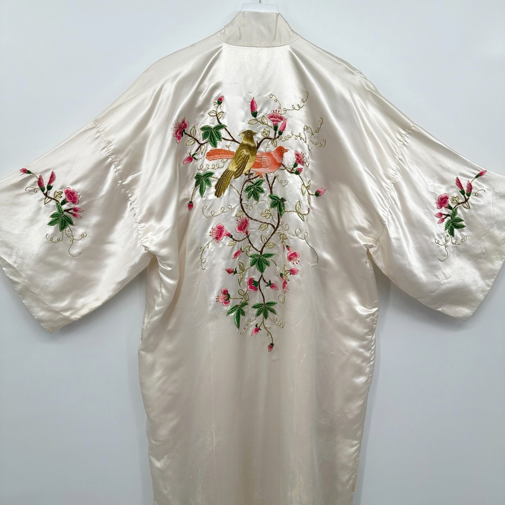 Vintage Lotus Kimono Robe Large 100%‎ Pure Silk Embroidered Ornate Heirloom FLAW
